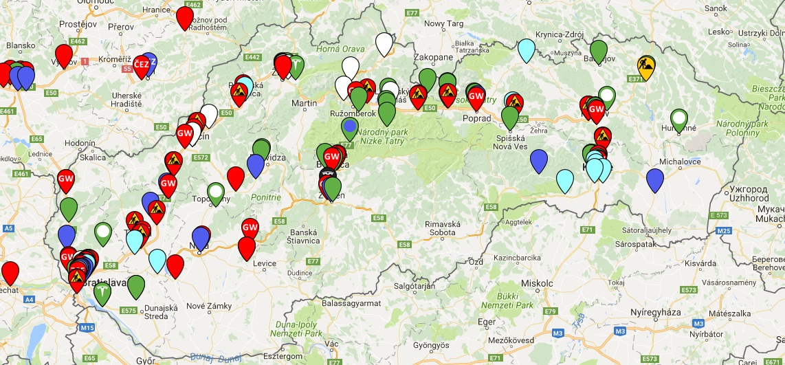 Mapa nabíjacích staníc na Slovensku