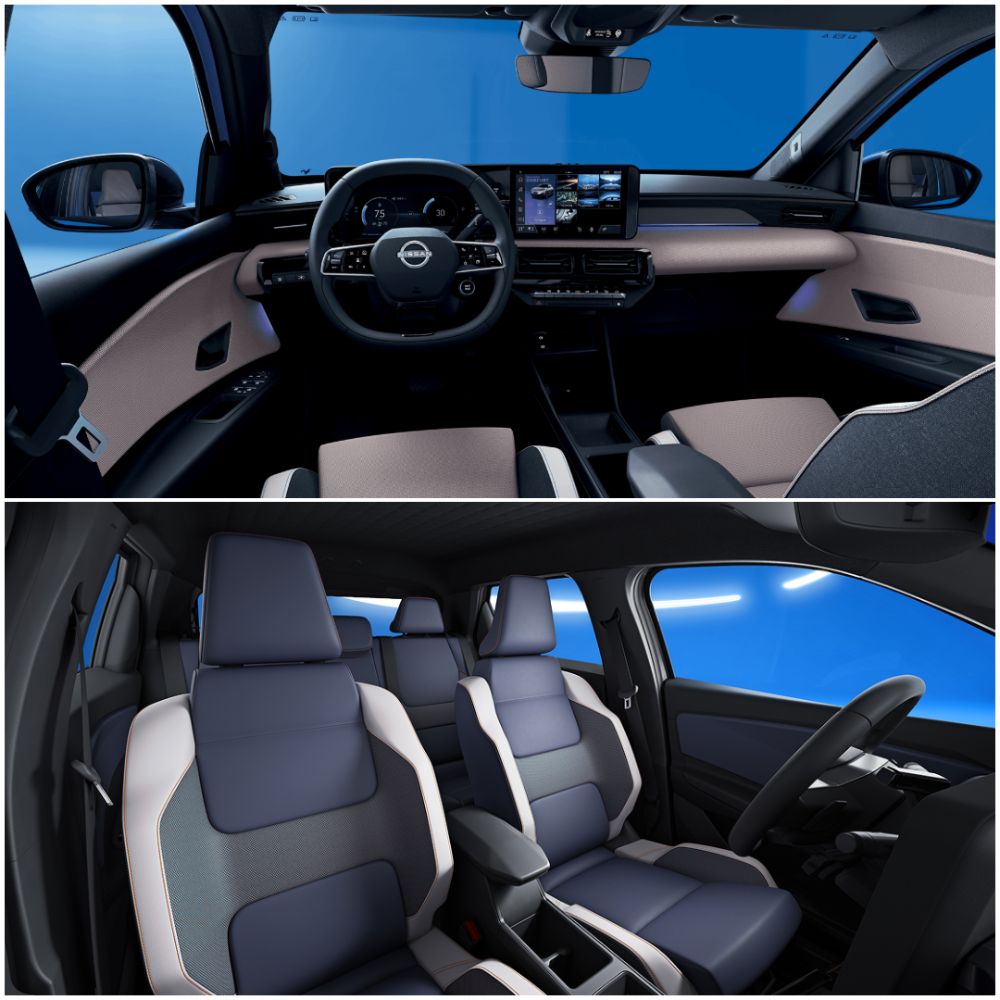 Nové vozidlo Nissan Micra EV a interiér vozidla, volant, predné sedadlá, palubná doska, infotainment.