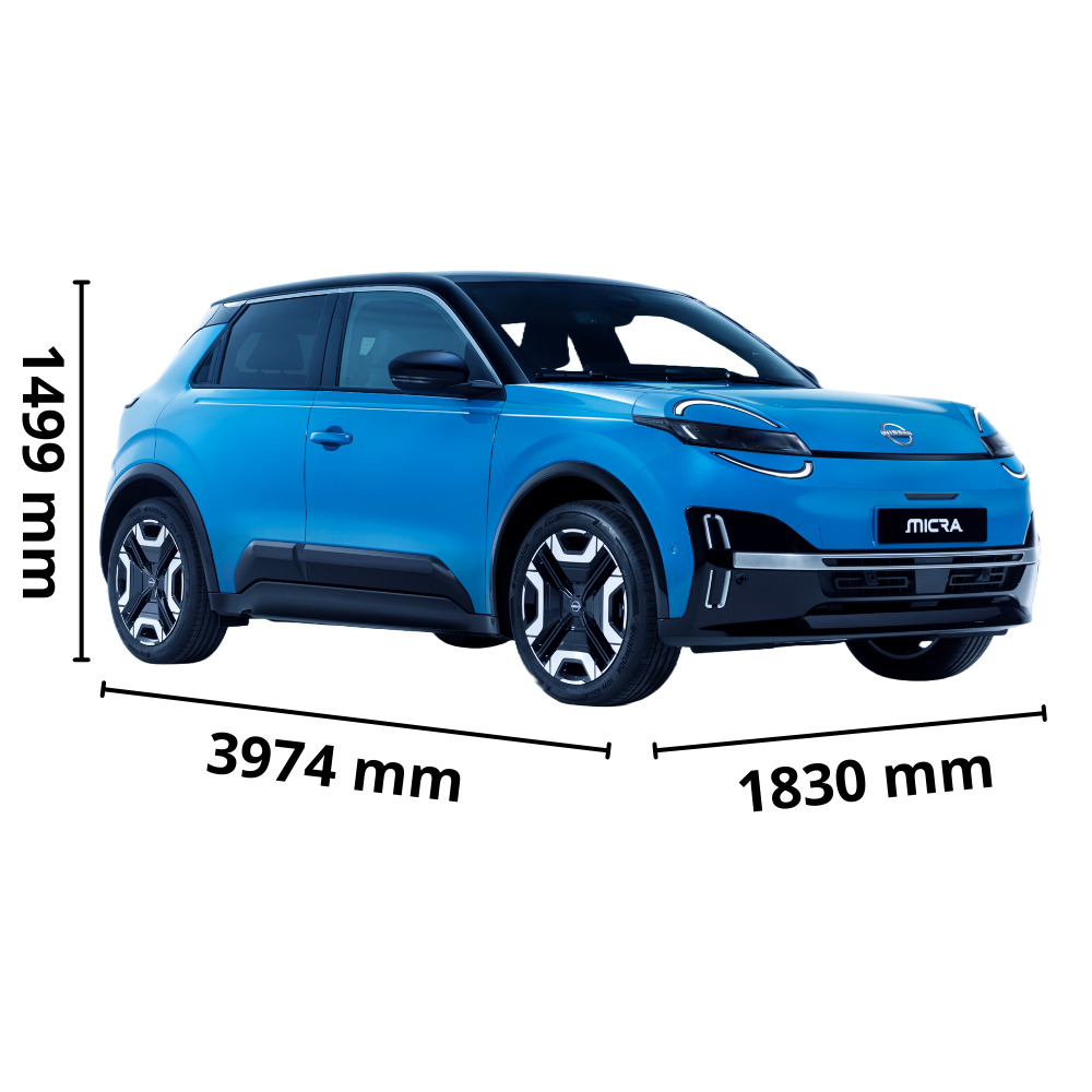 Nissan Micra EV rozmery vozidla - Dĺžka 3974 mm, šírka 1830mm a výška 1499 mm. Objem kufra 326 litrov.