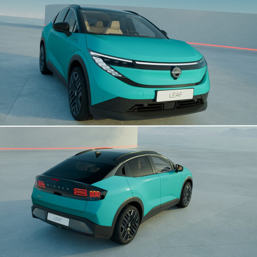 Nový elektrický Nissan Leaf 2026 – štýlový zadný profil a inovatívne 3D svetlomety v tyrkysovej farbe.