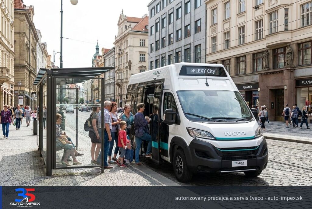 Iveco eFLEXY: Minibus/autobus stojí na modernej mestskej autobusovej zastávke v stredoeurópskom meste (ilustračná fotografia)