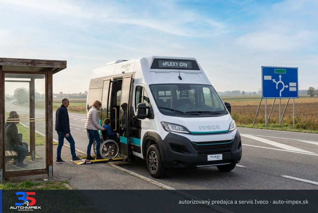 Iveco eFLEXY: Elektrický minibus stojí na autobusovej zastávke pri hlavnej ceste medzi mestami (ilustračná fotografia)