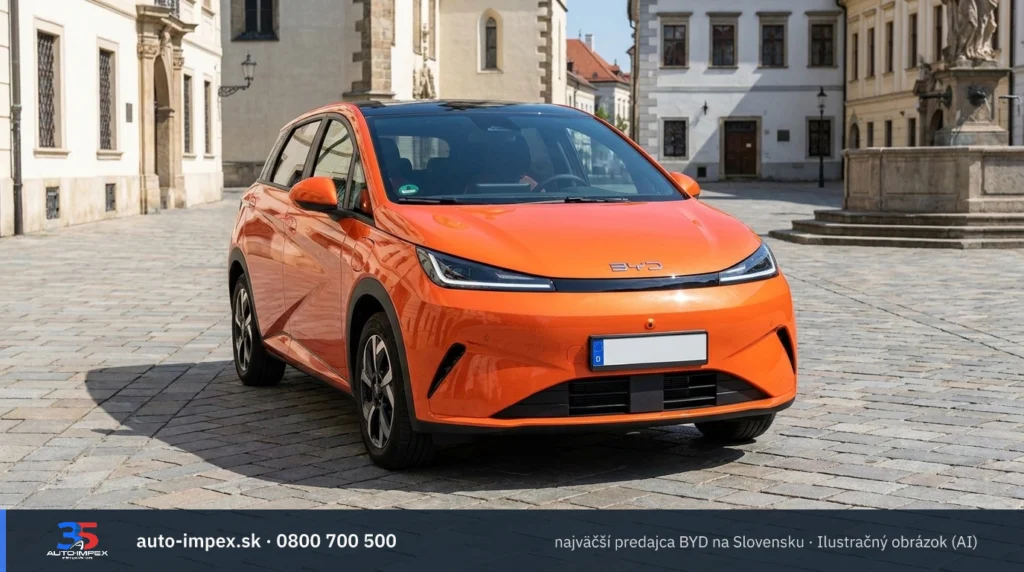 Čelný pohľad na oranžové BYD Dolphin G DM-i