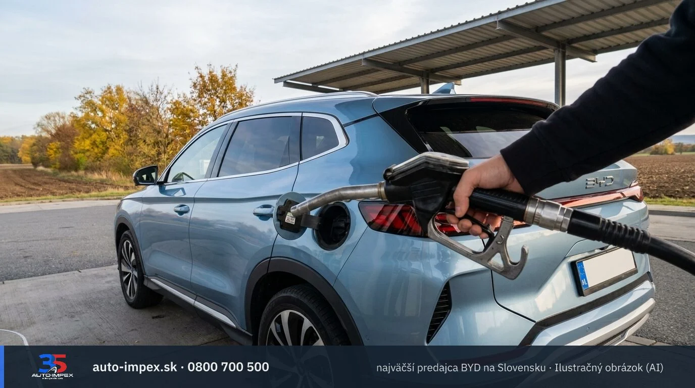 BYD Seal U DM-i – Čerpacia stanica pri výpadovke z Bratislavy – Celkový dojazd dosahuje až 1 080 km podľa WLTP.