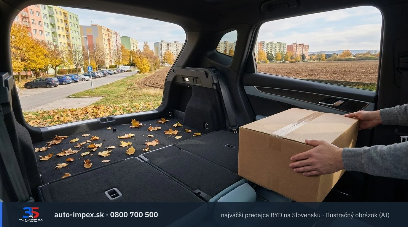 BYD Seal U DM-i – Obnovené sídlisko s parkoviskom – Kufor má 425 l, po sklopení sedadiel až 1 440 l.