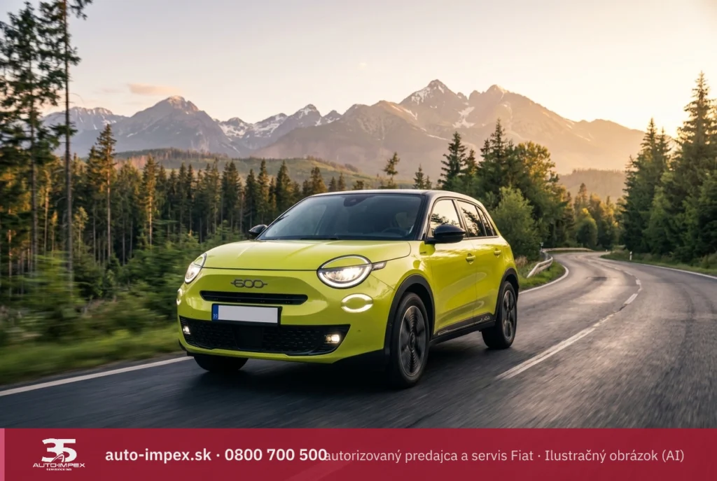 Fiat 600 v jazde lesnou cestou pri západe slnka