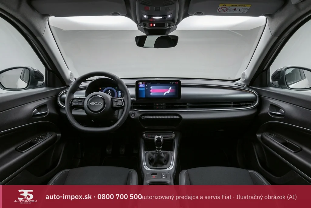 Interiér Fiatu 600 s volantom a infotainment displejom