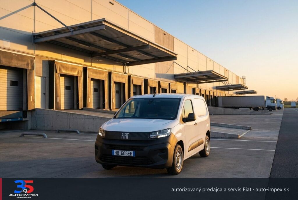 Fiat Doblò EasyPRO: zaparkované pred moderným logistickým skladom s rampami (ilustračná fotografia)