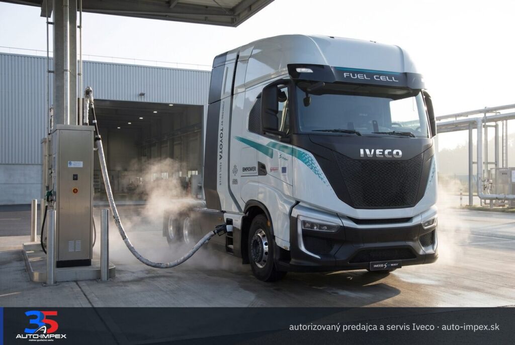 Iveco S-eWay Fuel Cell: Nákladný ťahač stojí pri modernej vodíkovej plniacej stanici v priemyselnom areáli (ilustračná fotografia)