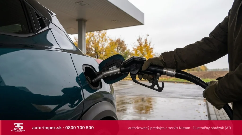 Nissan Juke – Čerpacia stanica pri výpadovke z Bratislavy – Ide o samonabíjací hybrid bez potreby nabíjania zo zásuvky