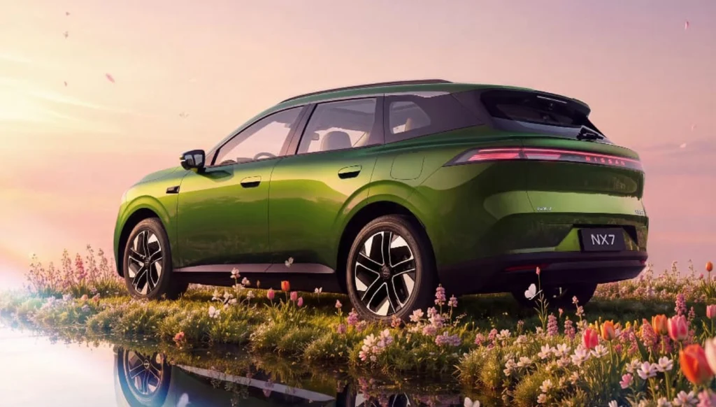 Zelený Nissan NX7 zozadu pri jazere s kvetmi